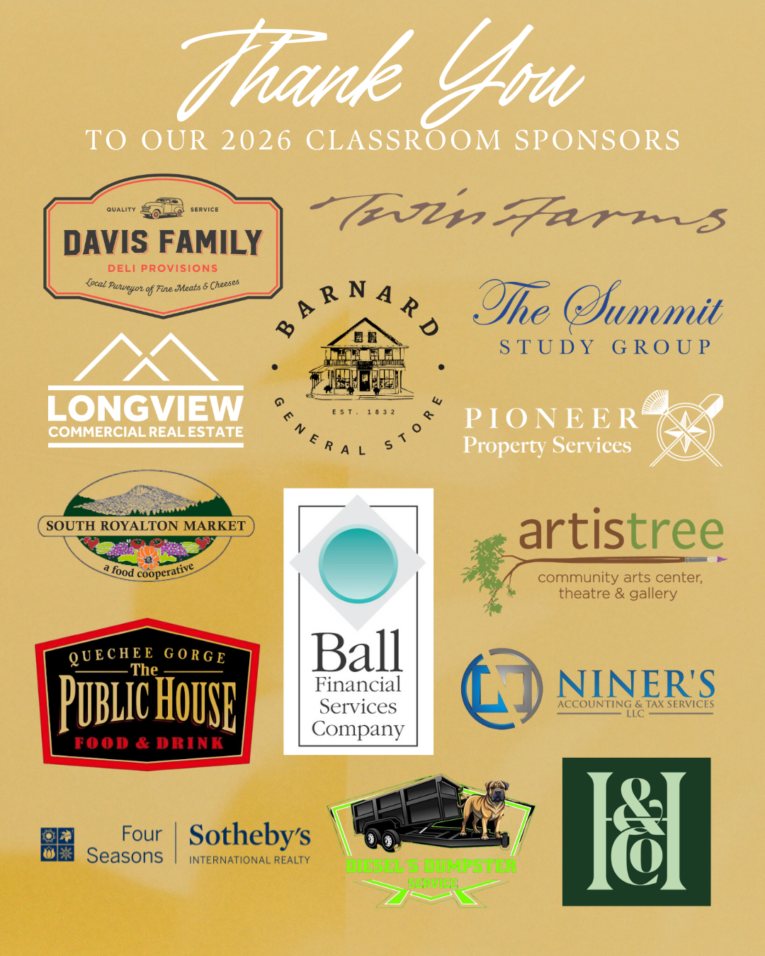 Thank you to our 2026 Aldo's Classroom Economy sponsors